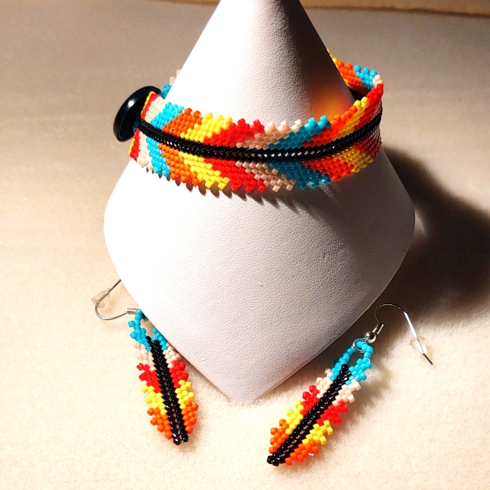 Multi colored Bracelet and Earrings handmade of glass beads